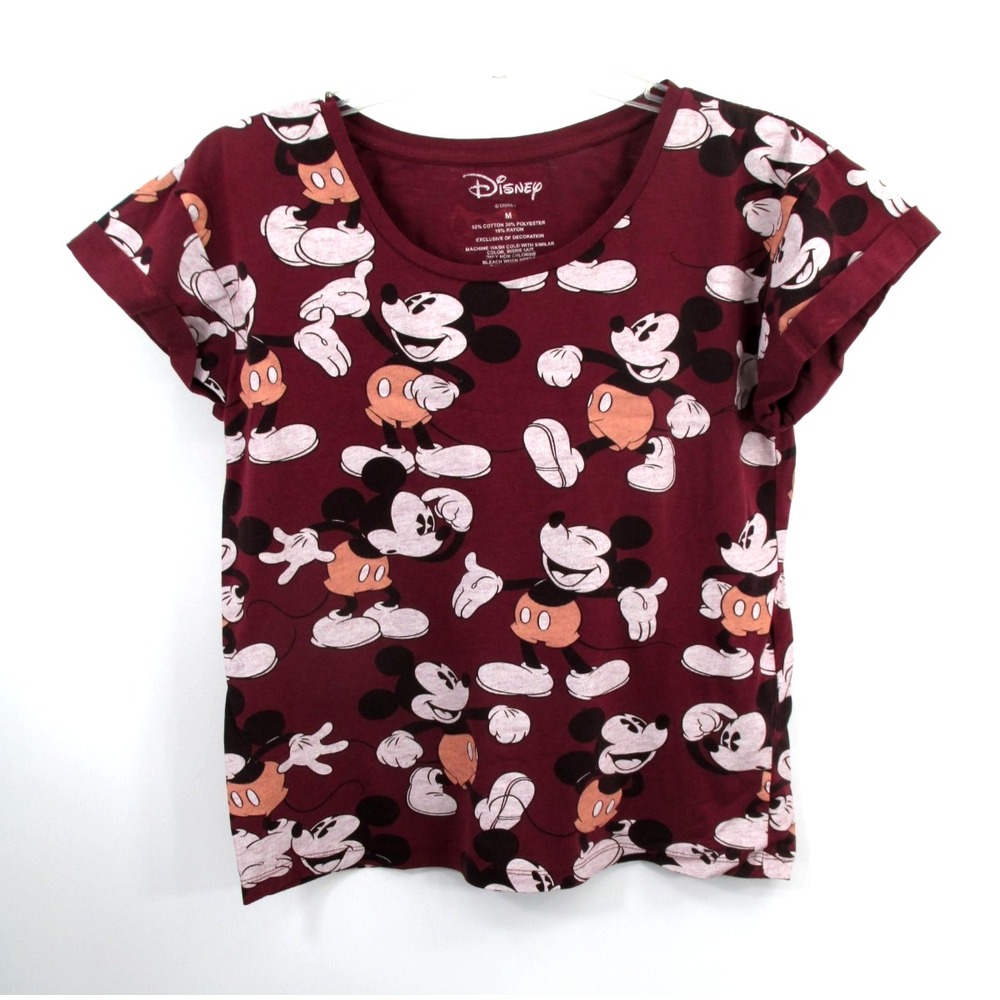 DISNEY T-Shirt Tee Youth Medium Burgundy Mickey Mouse Cuffed Short Sleeves